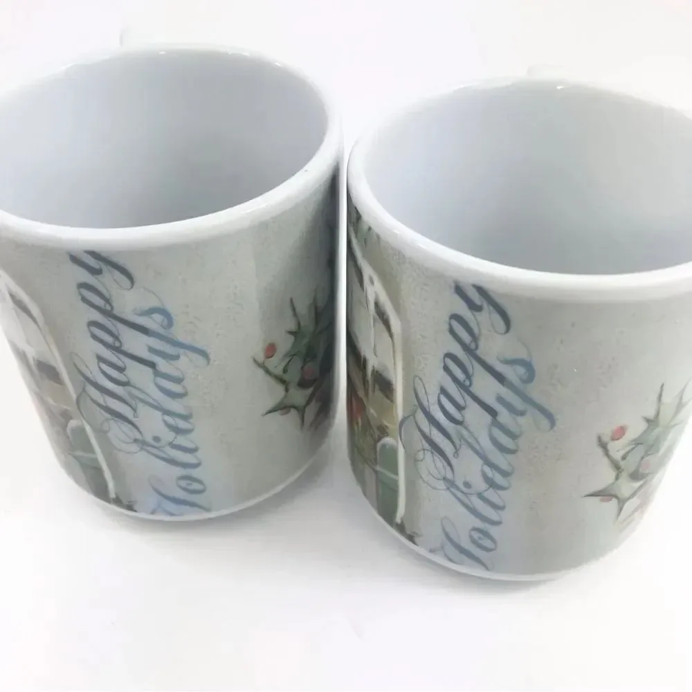 Pottery Barn Nostalgic Happy Holidays Ceramic Mug Set of Two Bundle